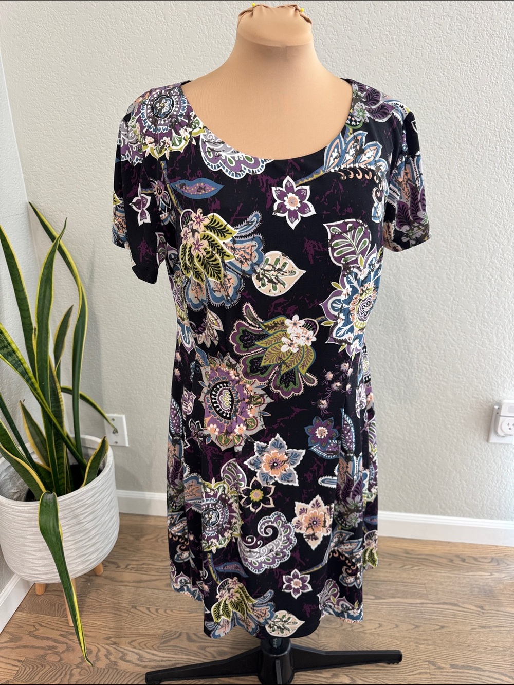 Connected Apparel Black Jersey Dress with Multicolor Floral Print